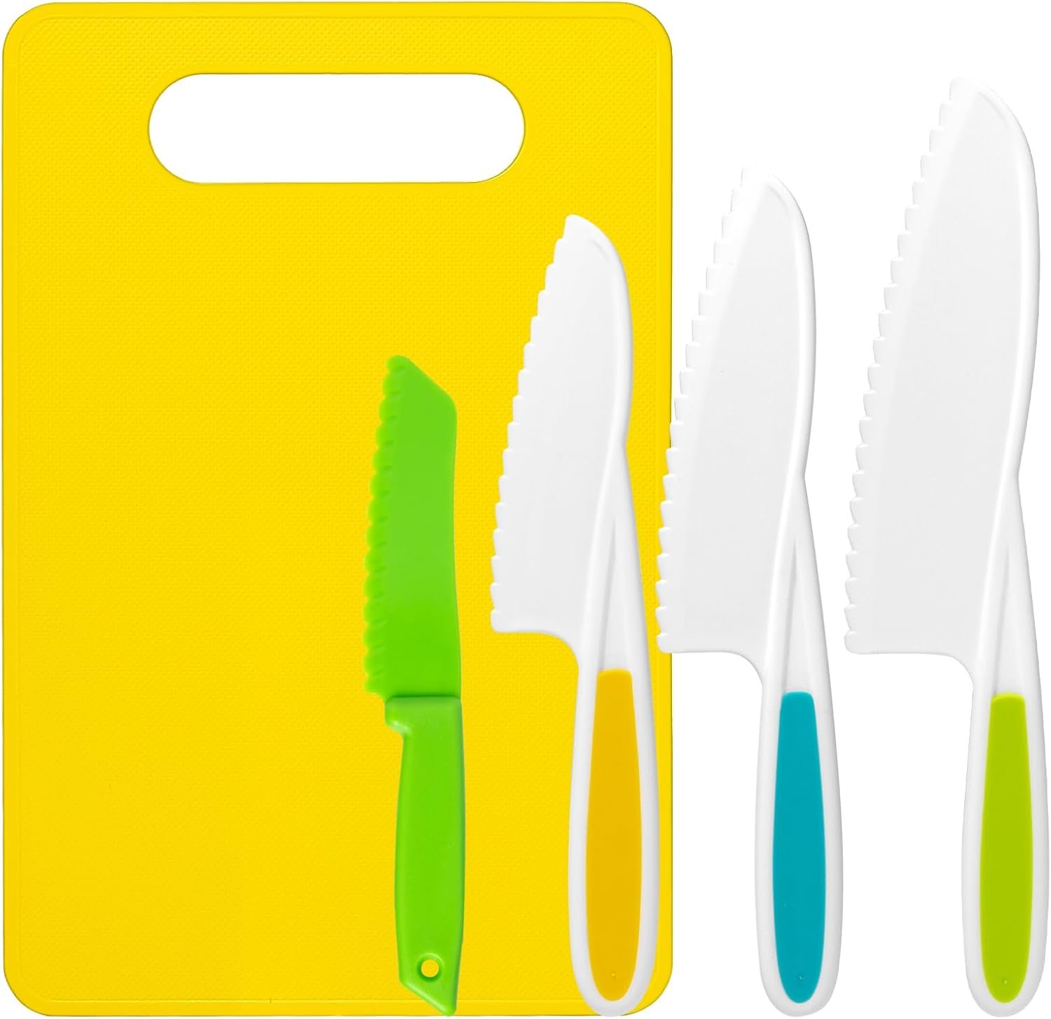Reaeon 5 Pcs Kids Cooking Sets Real, Montessori Kitchen Tools, Kids Knife Set for Real Cooking, 4 Pcs Children’s Safety Cooking Knives, 1 Pc Cutting Board, Serrated Edges Toddler Girl Boy