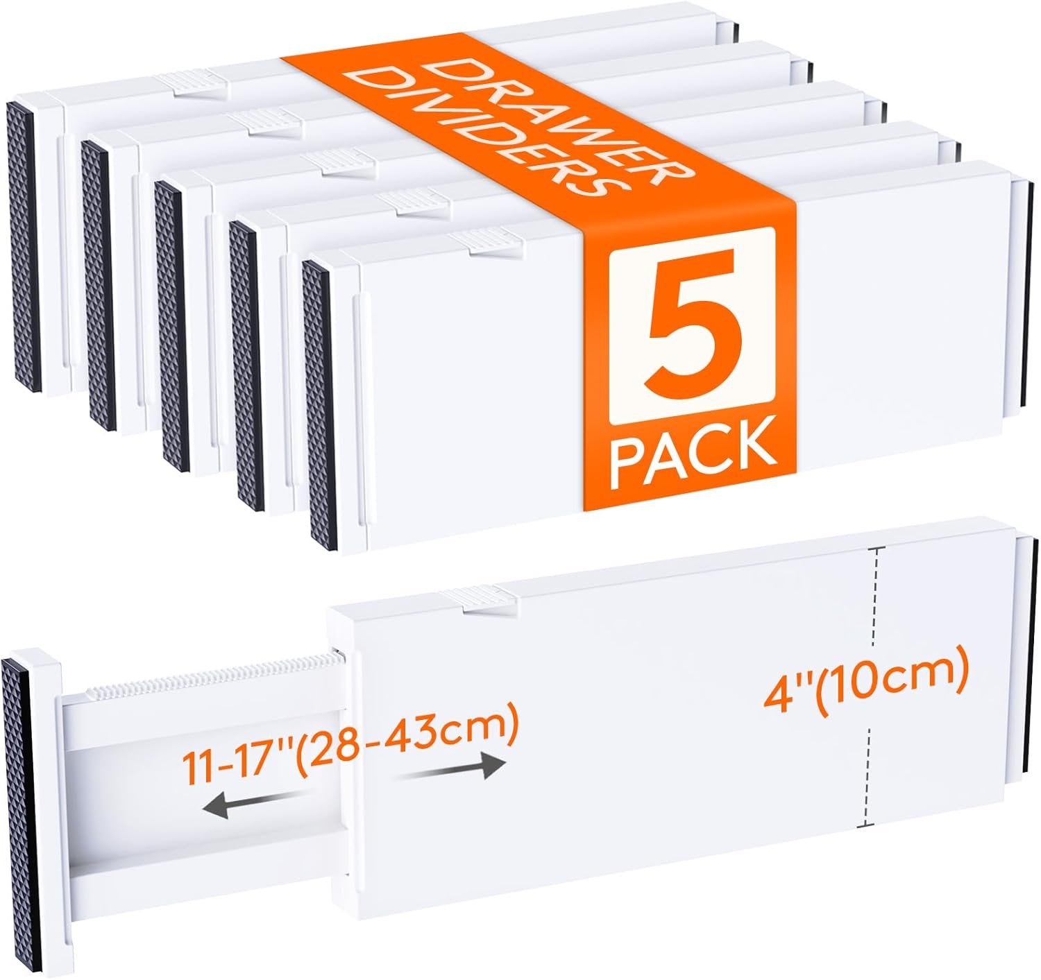 Lifewit 5 Pack 4″ High Drawer Dividers 28-43.5cm/11-17″ Adjustable Drawer Organizer for Clothes/Utensils, Expandable Drawer Separator in Dresser/Kitchen/Bedroom/Office Organization & Storage White