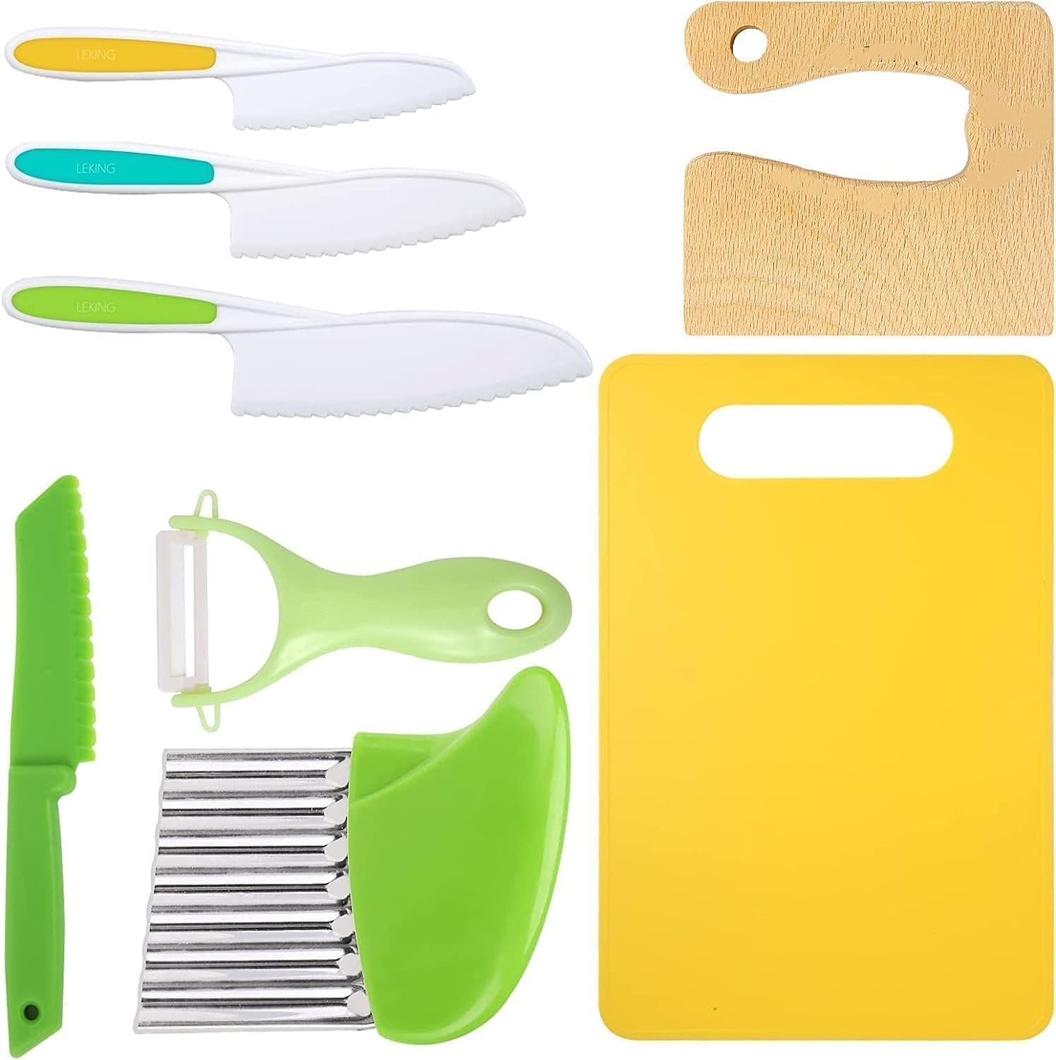 Leking 8 Pcs Wooden Kitchen Knife Set for Kids – Includes Safe Knives, Serrated Plastic Knives, Potato Slicers, Sandwich Cutter, Peeler and Cutting Board