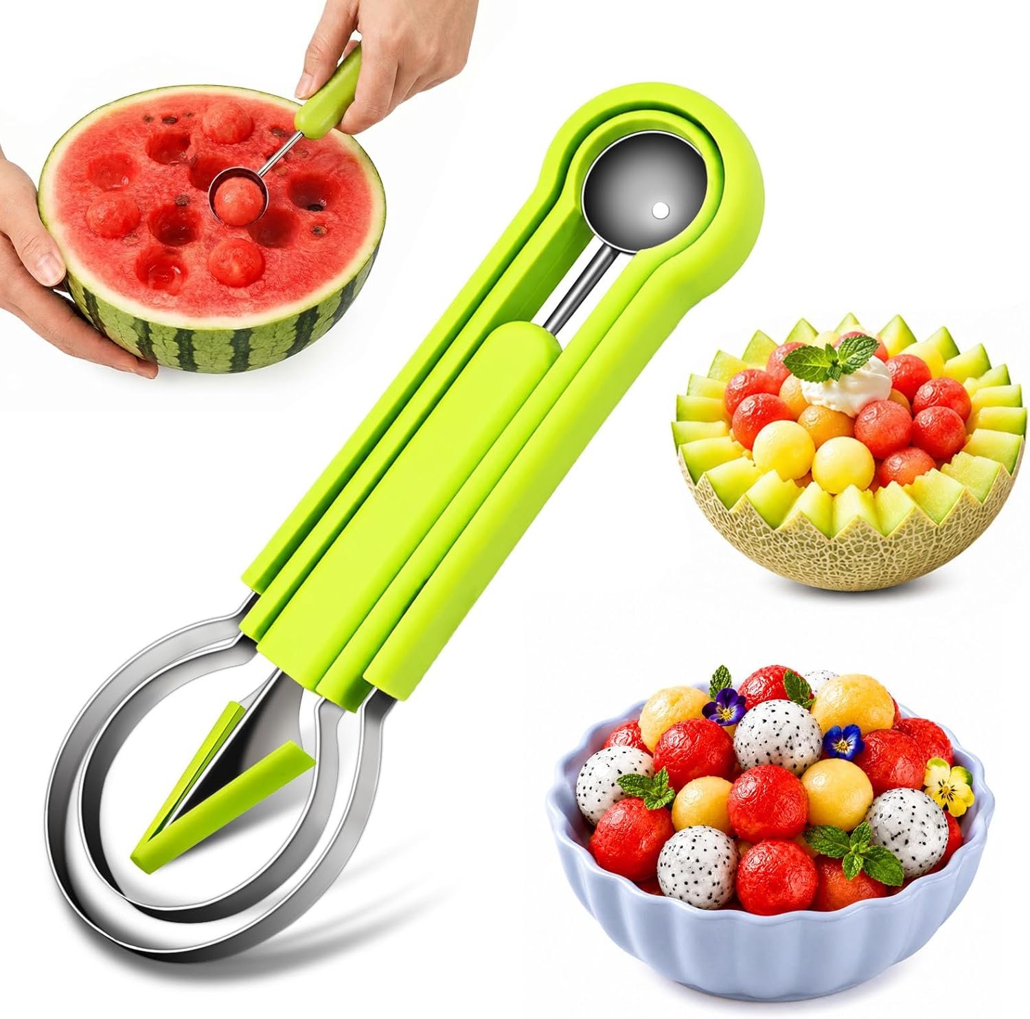 Suuker 4 in 1 Melon Baller Scoop Set, Stainless Steel Fruit Cutters Shapes, Watermelon Scooper and Baller, Fruit Carving Tools (Green)