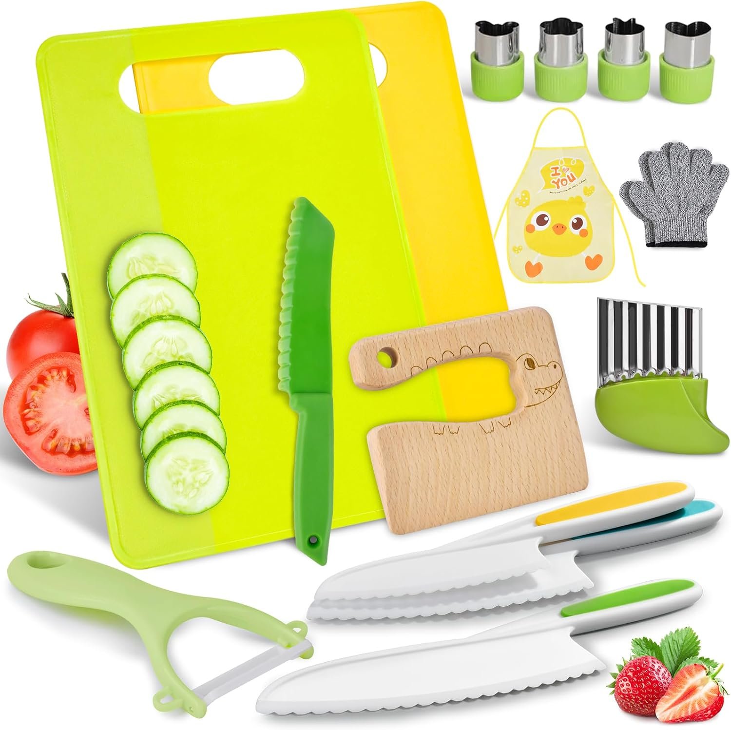 COVLUROTO 15PCS Montessori Kitchen Toys for Toddlers: Stocking Stuffers for Kids – Kids Safe Cooking Sets Real Knife Set for Real Cooking – Easter Basket Stuffers Christmas Birthday Gifts for Boy Girl