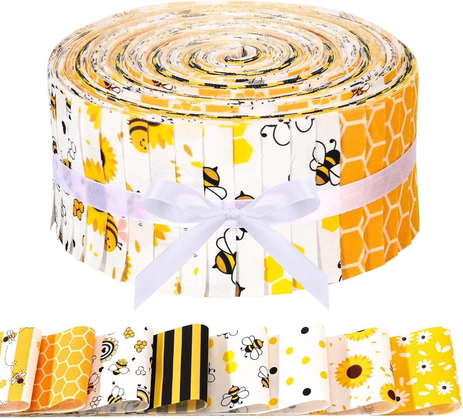 40 Pcs Bee Cotton Fabric Strips for Quilting Honey Bumble Bee Honeycomb Daisy Polka Dots Patterns Jelly Fabric Bundle Yellow Summer Patchwork for DIY Sewing Crafts (Bee)