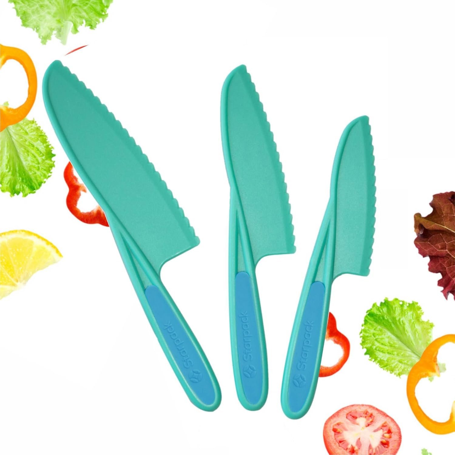 Starpack ‘Finger Loving’ Kid Safe Kitchen Knife Set of 3 – Kids Knife Set for Real Cooking – Serrated Edges Toddler Knives Set for 3+ Year Olds – Montessori Knive Set – BPA-Free Nylon Knives for Kids