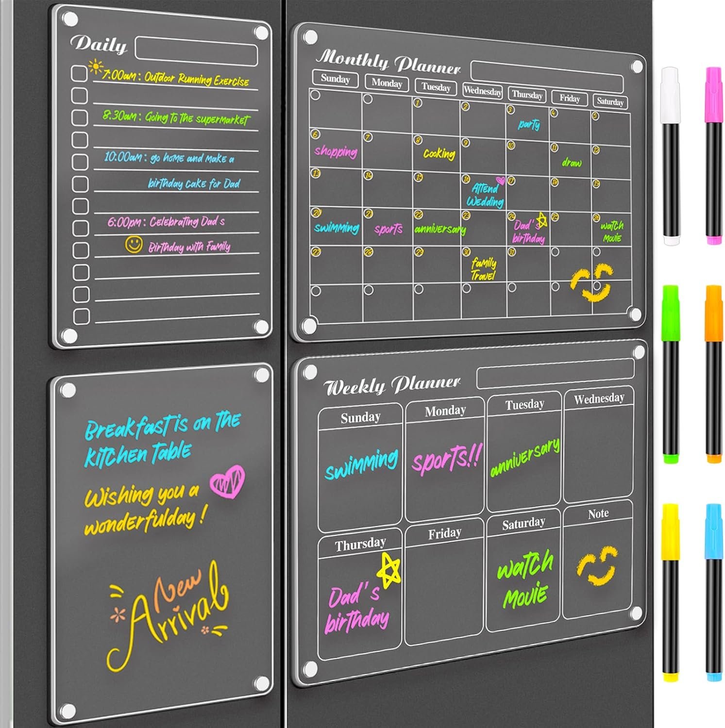 DIYMAG Magnetic Calendar for Refrigerator 4 PCS Dry Erase Whiteboard 15.2″x11.2″ Magnet Fridge Wall Planners Planning Acrylic Clear Chalkboard Apartment Decor Meal Planner with 6 Colors Markers
