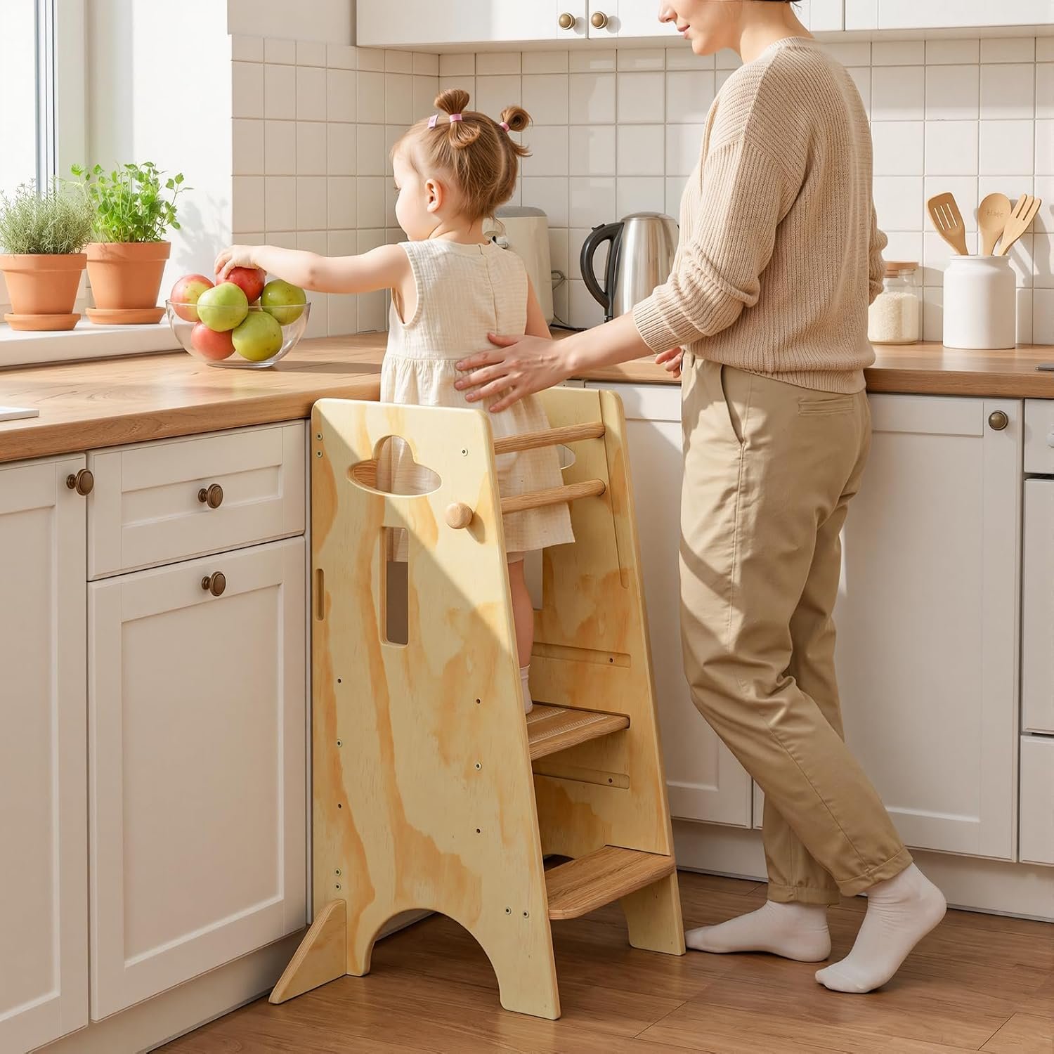 COSYLAND Height Adjustable Toddler Standing Tower(NO Wide Back Panel) – Super Stable Kids Kitchen Stool Helper with 4 Support Blocks – 3 Levels Adjustable Wooden Kitchen Stool (All Natural)