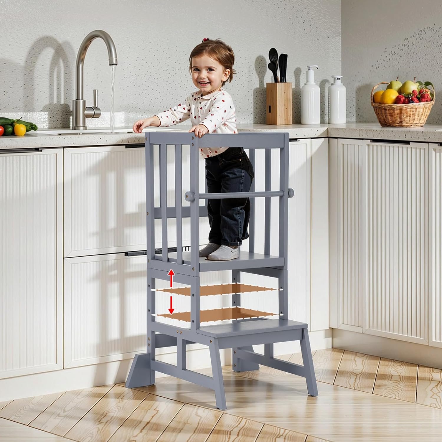 COSYLAND Toddler Standing Tower – Adjustable Height Toddler Kitchen Stool Helper – Kids Kitchen Step Stool for Learning with Removable Safety Railing Ash Gray