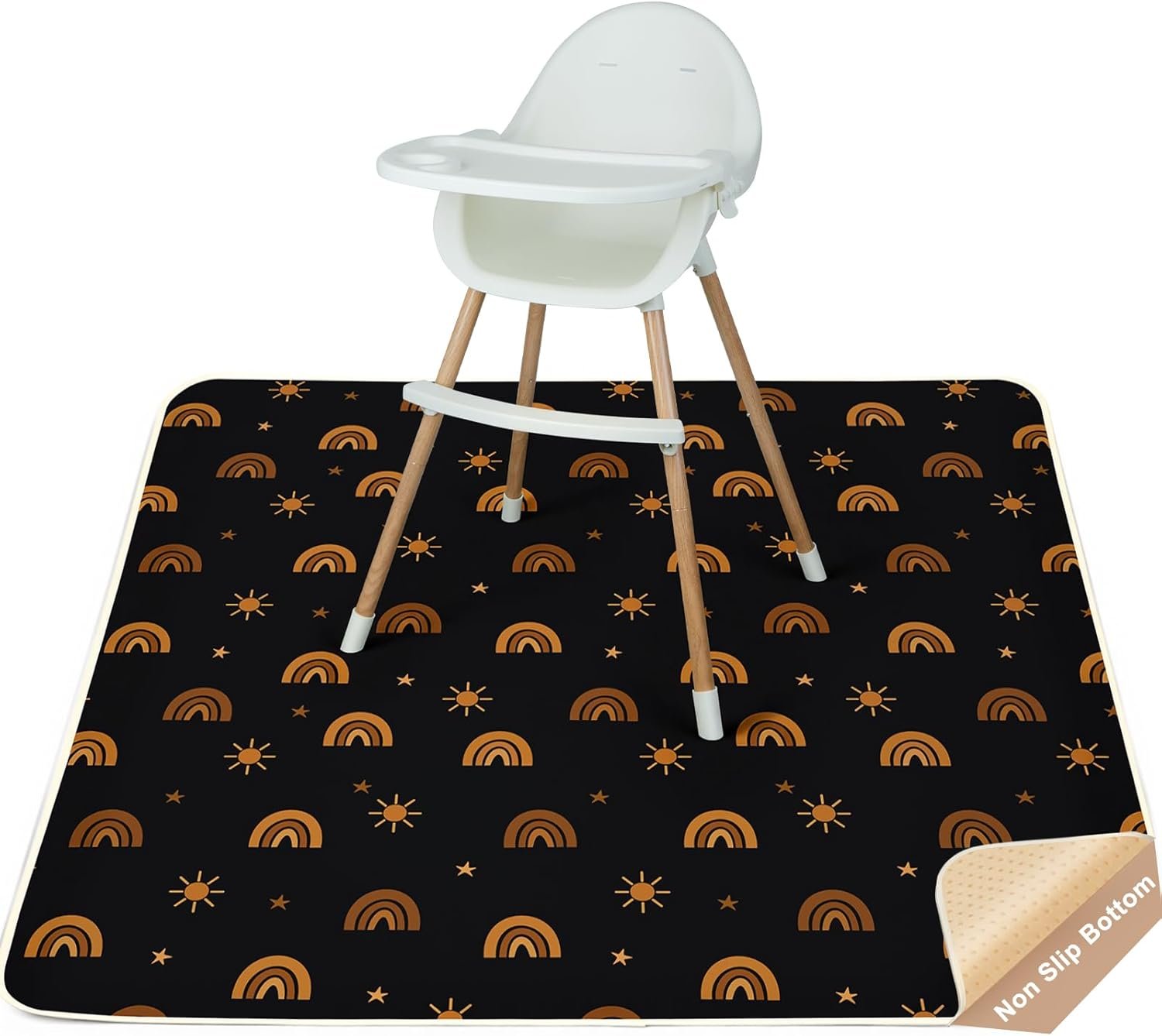 FIOBEE Splat Mat for Under High Chair, Non-Slip Waterproof Baby Floor Mat for Spills, Washable Arts & Crafts Play Mat, Durable 4-Layer Splash Pad for Hardwood Floors, 42″x42″, Black Rainbow