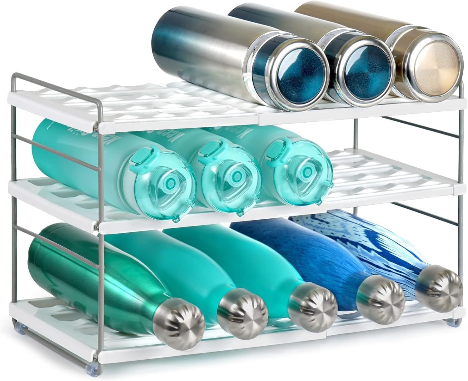10.6-16.7″ Adjustable Width Water Bottle Organizer for Cabinet, 3-Tier Expandable Water Bottle Holder Rack, Cup and Tumbler Storage for Kitchen Organization, Sports Flask, Insulated Travel Mug, Fridge