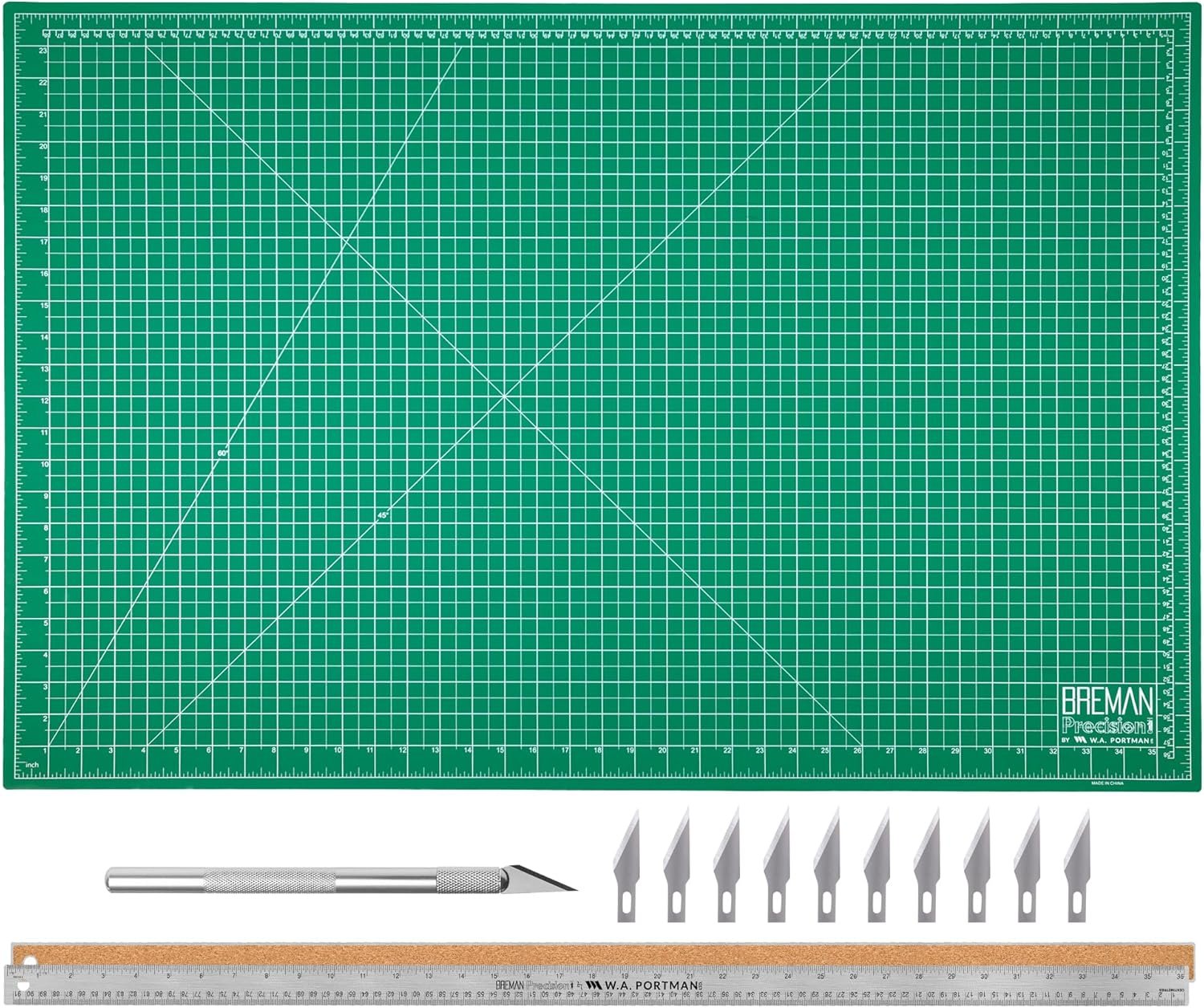 WA Portman 24×36 Inch Self Healing Cutting Mats for Crafts – Fabric Cutting Mat with Precision Craft Knife, 10#11 Hobby Knife Blades & Metal Ruler 36 Inch Cork Backed Ruler – All-in-One Craft Kit