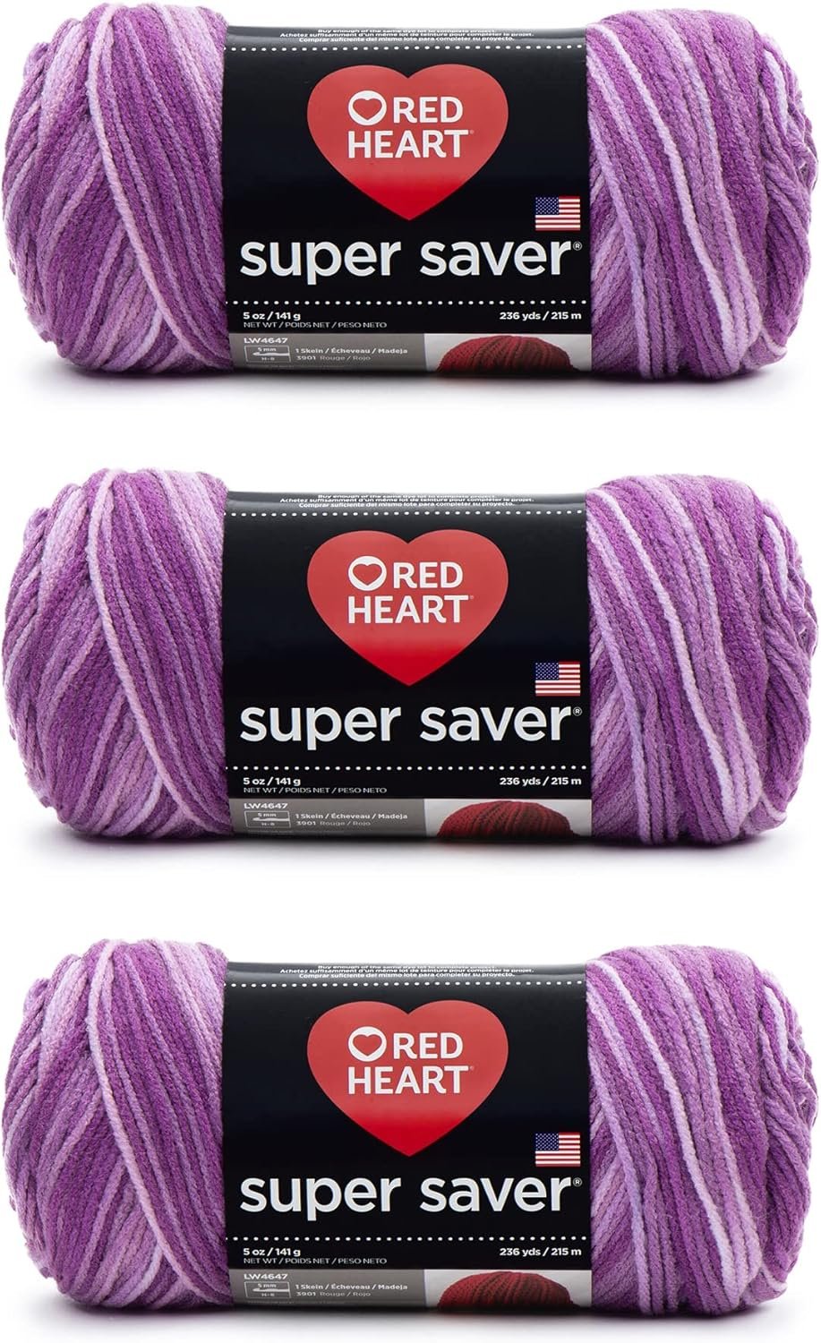 Red Heart Super Saver Purple Tones Yarn – 3 Pack of 141g/5oz – Acrylic – 4 Medium (Worsted) – 364 Yards – Knitting/Crochet