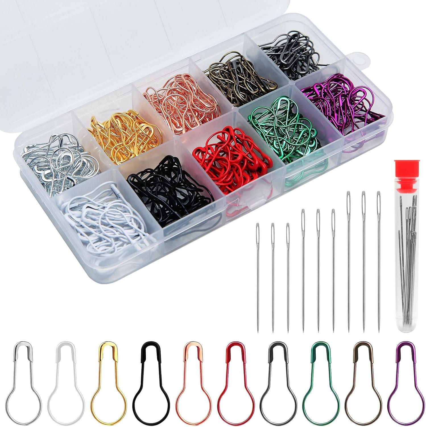300 Pcs Crochet Markers, Calabash Pins with 18 Pcs Blunt Needles,Metal Stitch Markers for Knitting, Crocheting, Crochet Accessories and Supplies, Fabric,Clothing Tag,DIY Craft Project