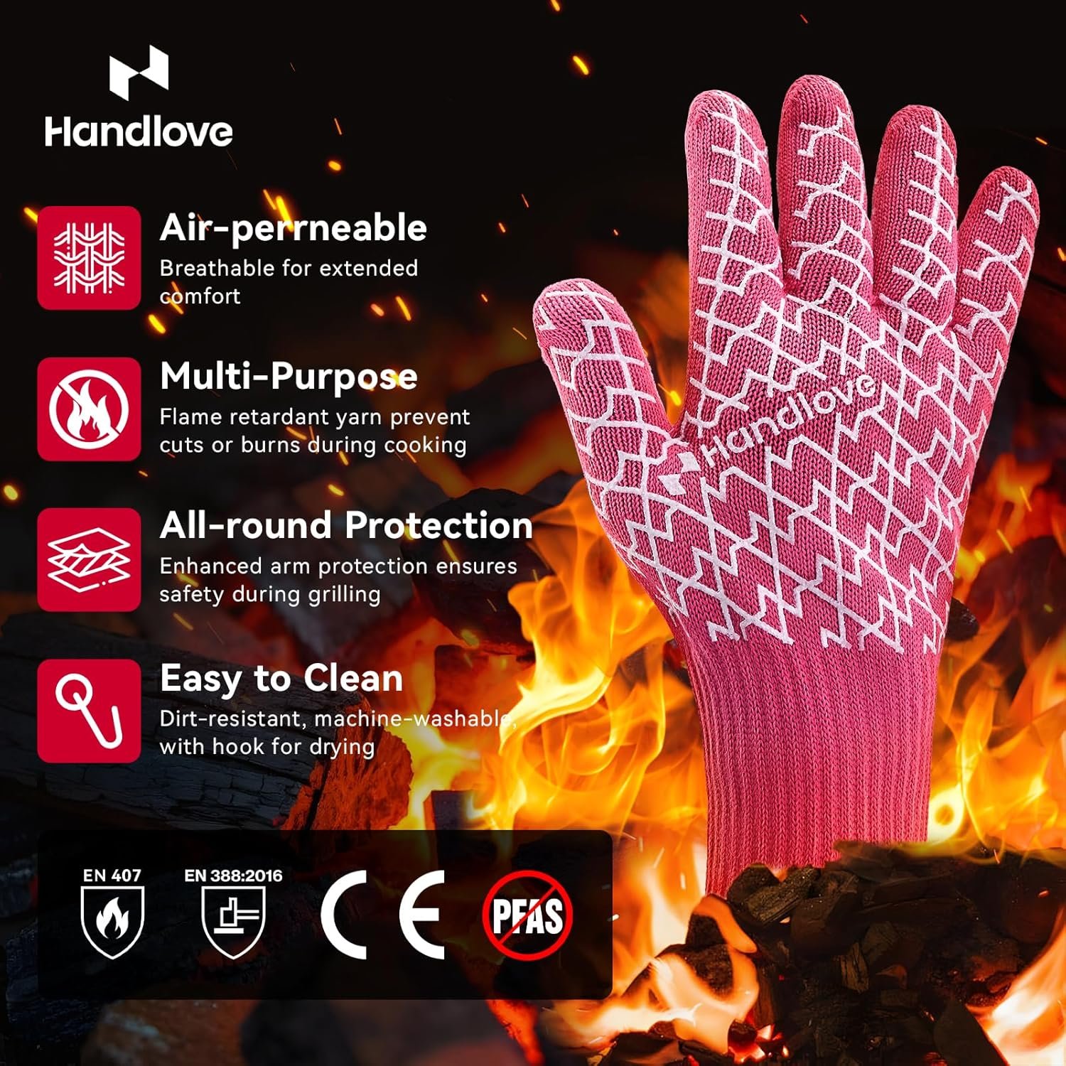 HandLove Aramid Heat Resistant BBQ Gloves – Grilling & Oven Gloves with Fingers, Silicone Grip & Long Cuffs for Cooking, Baking, and Outdoor Barbecue – Pink, Small