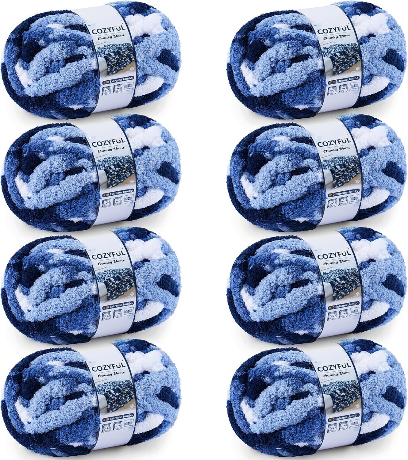 Cozyful Chunky Yarn for Hand Knitting – #10 Chunky Chenille Blanket Yarn, Jumbo Big Thick Chunky Yarns for Crocheting, Tie Dye Bulky Knit Yarns, 8 Skein (20 yds 8 oz Each Skein), Multi Blue & White