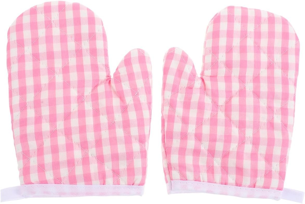 2 Pcs Kids Oven Mitts – Pink Checkered Play Kitchen Heat Resistant Baking Gloves for Toddlers Microwave Mini Cooking Mittens for Small Hands Girls Boys BBQ Grilling 17 x 12 Cm