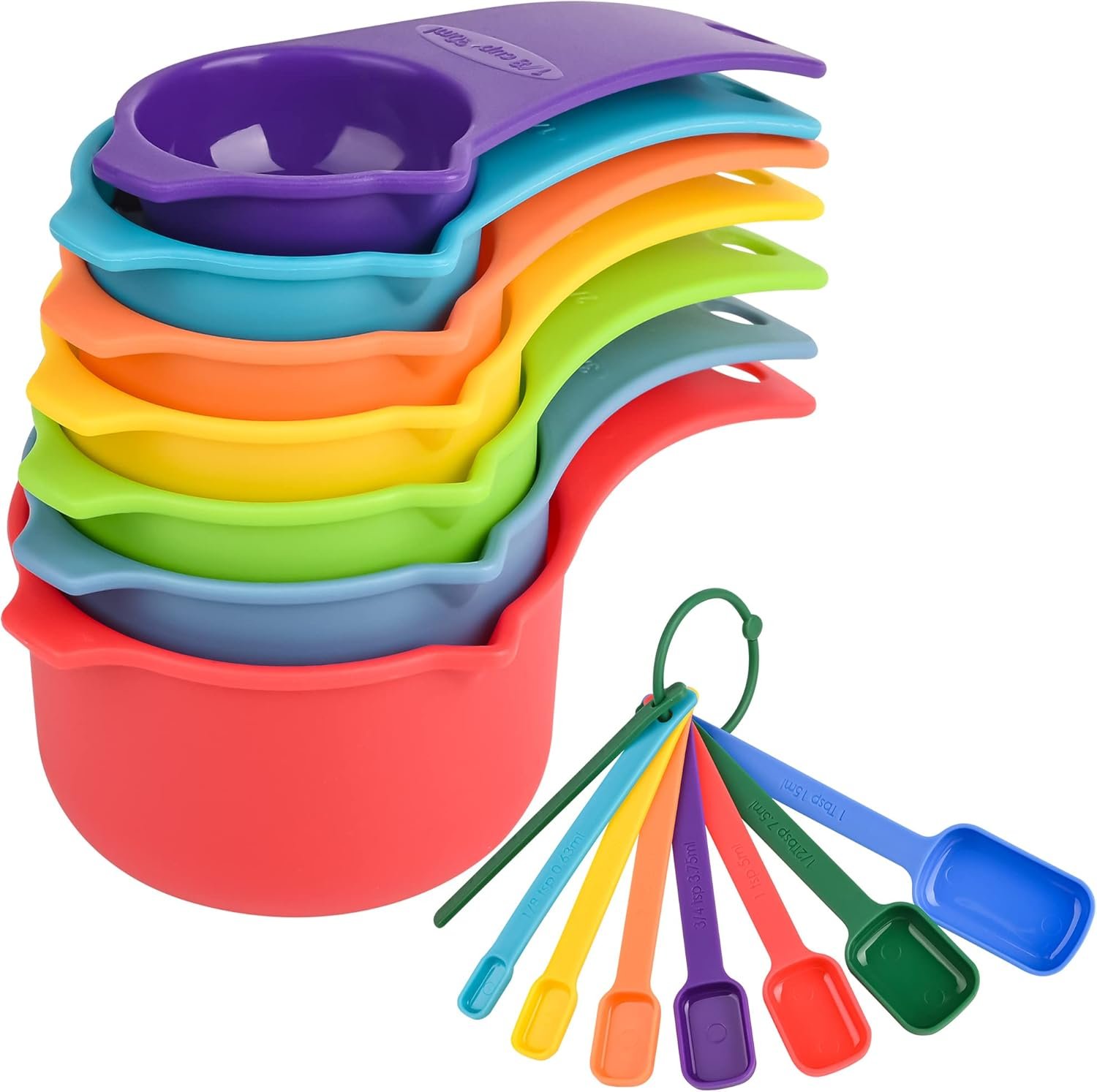 Plastic Measuring Cups and Spoons Set 15, Plastic Measuring Cups and Spoons for Kitchen & Baking, Metric & US 7 Measure Cup & 7 Measure Spoon with Leveler, Mixing Color (random rainbow)