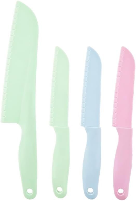 4 Pack Lettuce Knife Set 11/8.5 inch Plastic Serrated Kitchen Cutters to Prevent Browning, Dishwasher Safe, Safe for Nonstick Pans