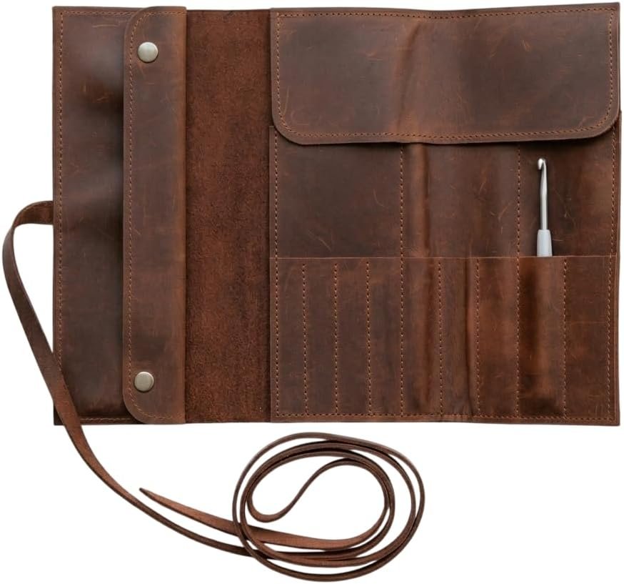 TORAKIP Leather Crochet Hook Case (13.8″ x 9.8″) – Handmade Crochet Hook Organizer Roll with Multiple Slots, Travel Crochet Storage Case, Knitting Needle Holder (Hooks Not Included), Brown