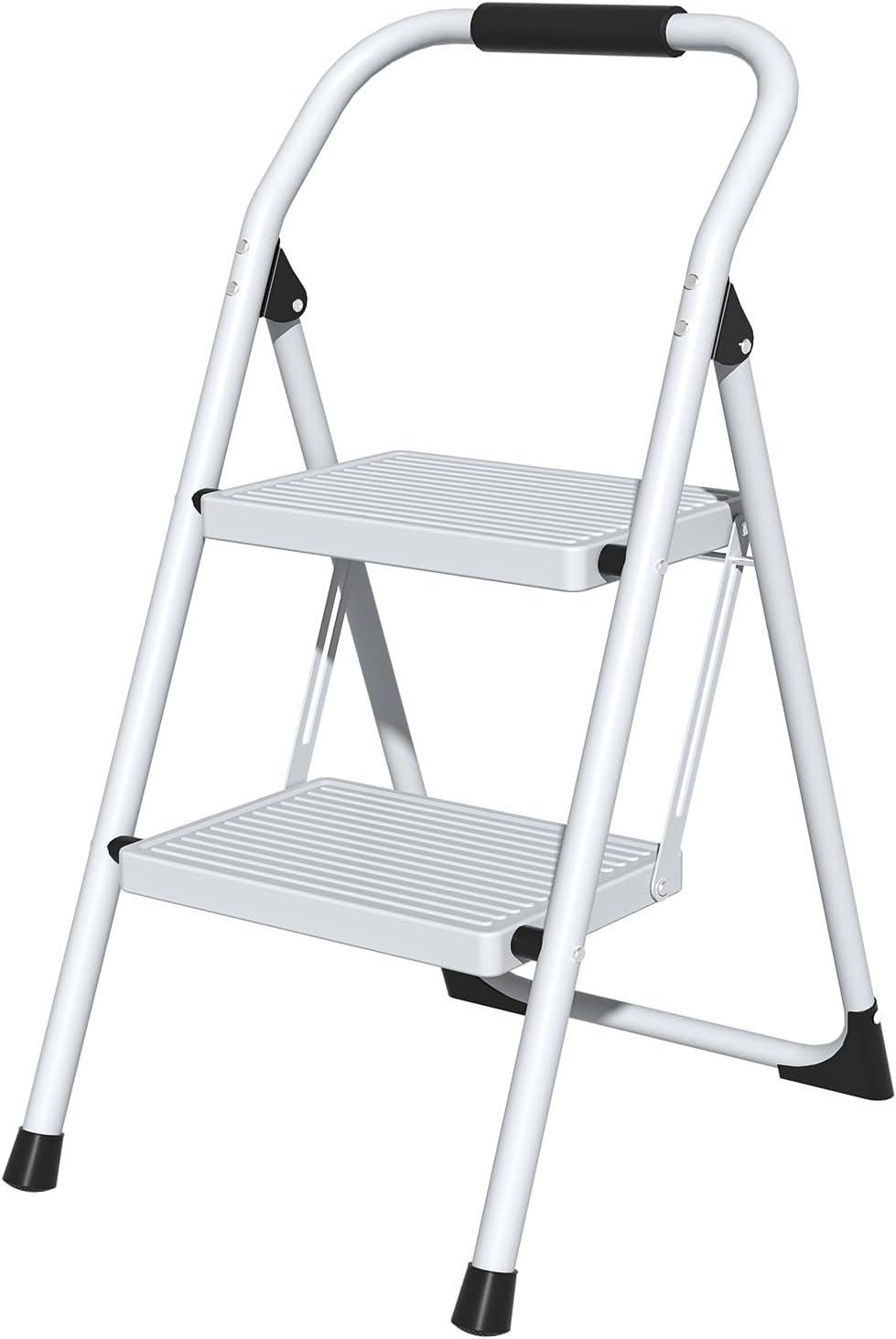 2 Step Ladder for Kitchen Step Stool, Lightweight Folding Step Stool with Curved Safety Handrail, Auto-Lock Mechanism & Non-Slip Wide Pedals, Slim 2 Step Ladder Foldable for Home Indoor（White）