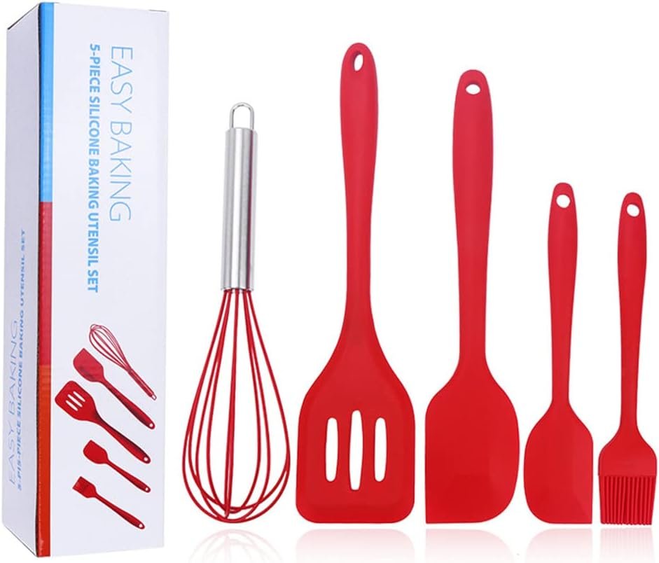 NatureMan 5 Pieces Non-Stick Food Silicone Kitchenware Utensils- Kids Cooking Sets – for Cooking Baking Mixing, Stirring-Ergonomic Dishwasher Safe（Red）