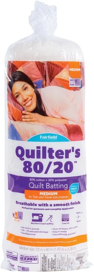 Fairfield Quilter’s 80/20 Quilt Batting, Premium Cotton and Polyester Quilters Batting, Ideal for Clothing, Crafts, Wall Hangings, and Quilts, Quilting Supplies, Medium, 72″ x 90″