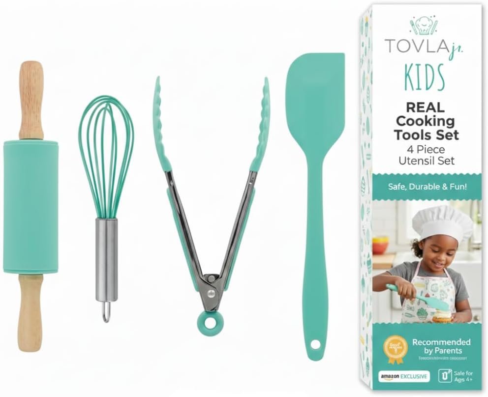 Tovla Jr. Kids Cooking Utensils Set – 4-Piece Kids Kitchen Tools – Safe Baking Set – Food Grade Toddler Chef Supplies – Gender Neutral Silicone Cookware Kit with Spatula Whisk Tongs Rolling Pin