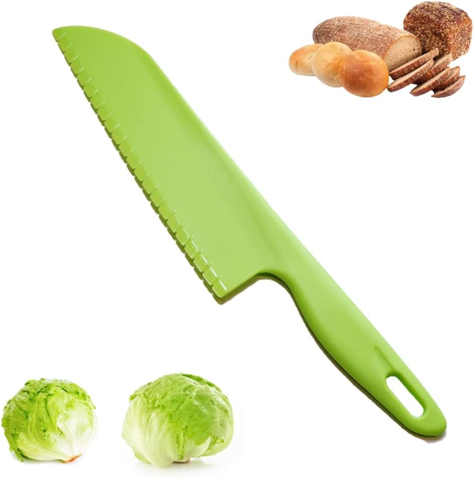jawbush Professional Lettuce Knife, 11″ Serrated Salad Cutter for Veggies, Fruit, Bread, Cake, Salad, Plastic Kitchen Nylon Knife for Cooking and Cutting to Prevent Turning Brown, Green