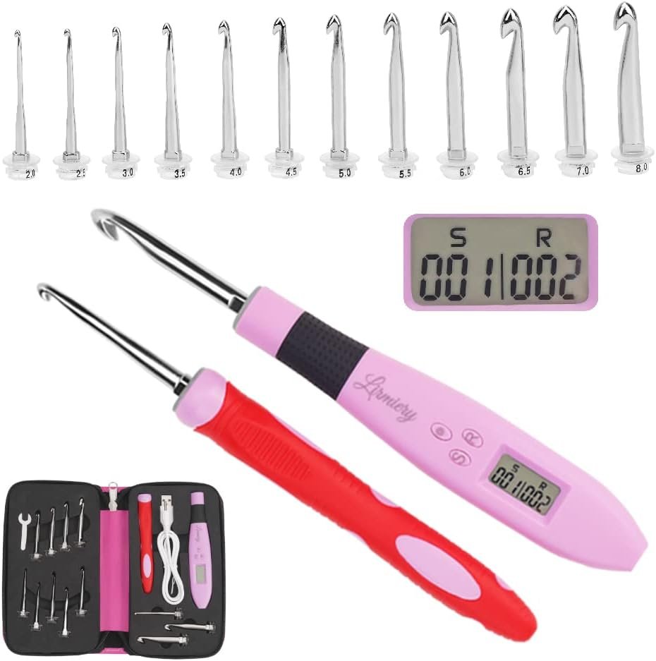 Counting Crochet Hook Set Digital Ergonomic Crochet Hook-LED and 2 Levels Brightness Dimmable Light Up Crochet Hooks& Digital Stitch Counter,Beginner Knitting Kit with 12 Interchangeable Crochet Hooks