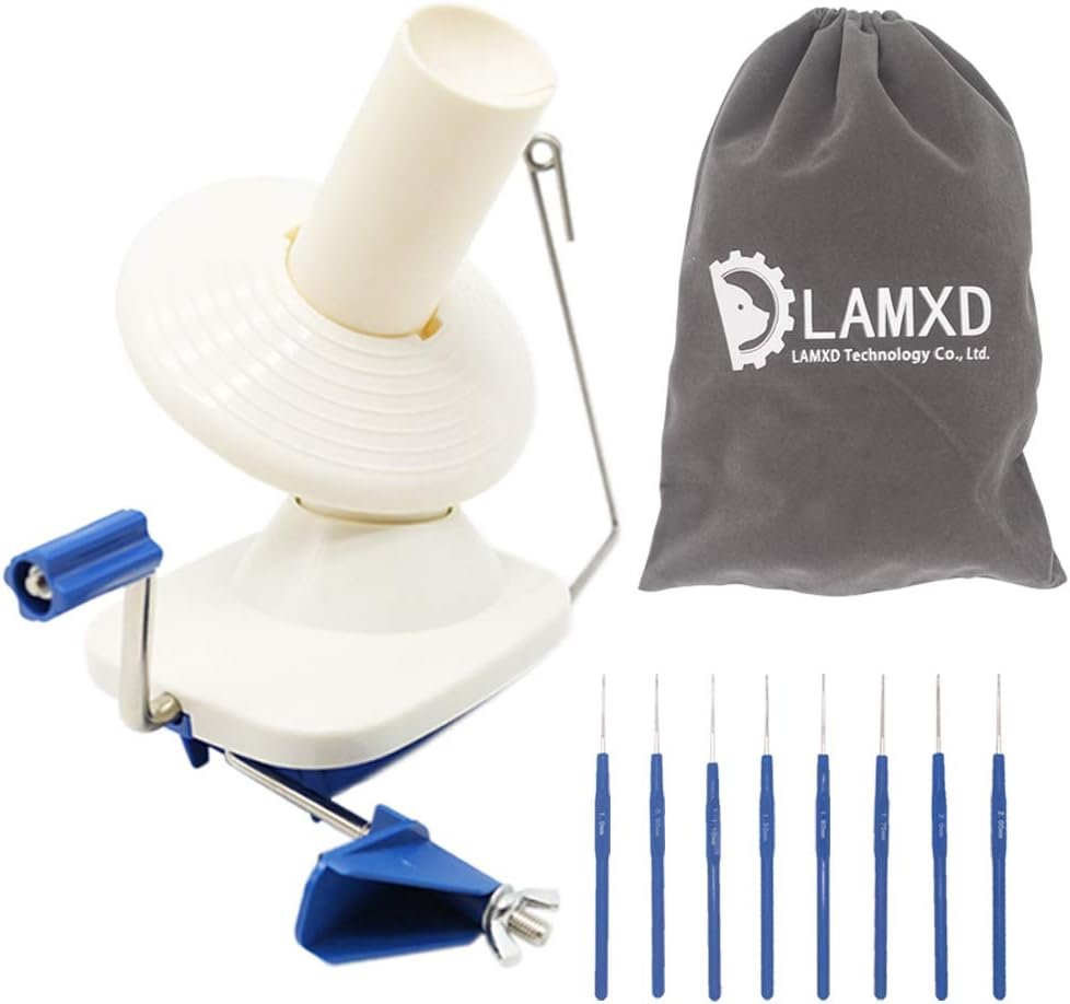 LAMXD Needlecraft Yarn Ball Winder Hand Operated,Capacity 4-Ounce,Blue,Portable Package,Easy to Set Up and Use,Sturdy with Metal Handle and Tabletop Clamp,Including 8 Sizes Crochet Hooks Set