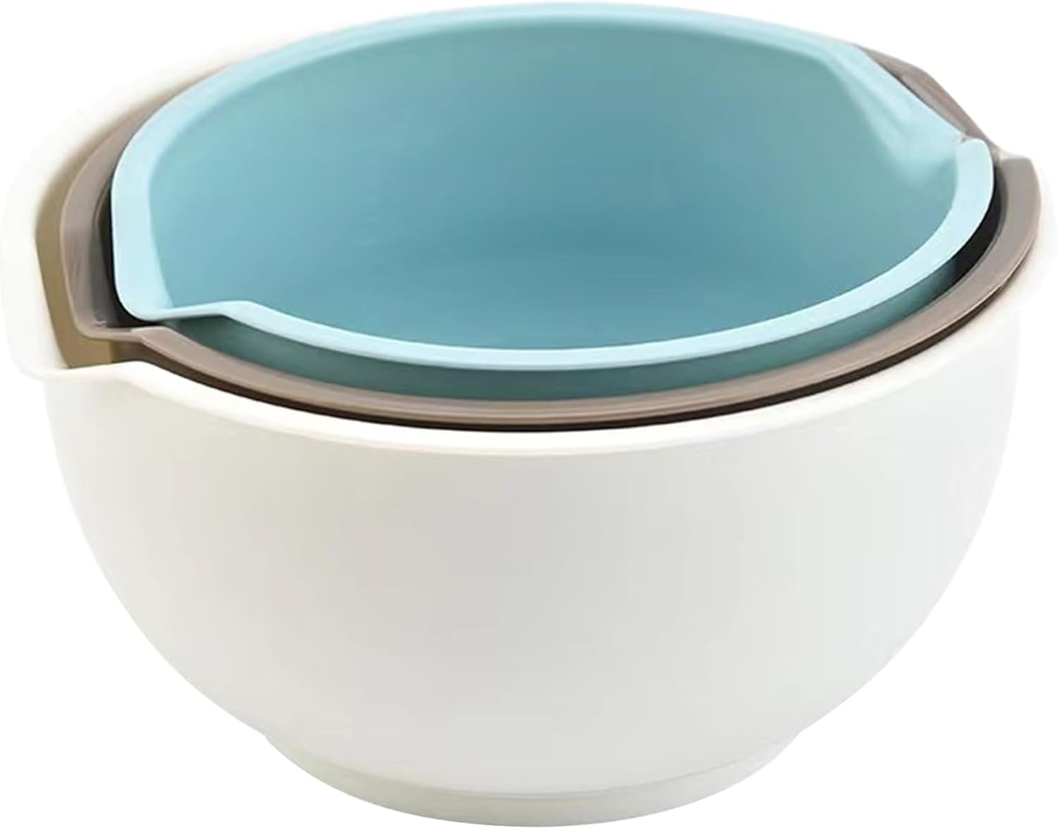 Set of 3 Mixing Bowls with Pour Spout-Nesting Design Saves Space – Non-Slip, BPA Free, Dishwasher Safe Plastic – Kitchen Cooking and Baking Supplies (Blue Grey white)