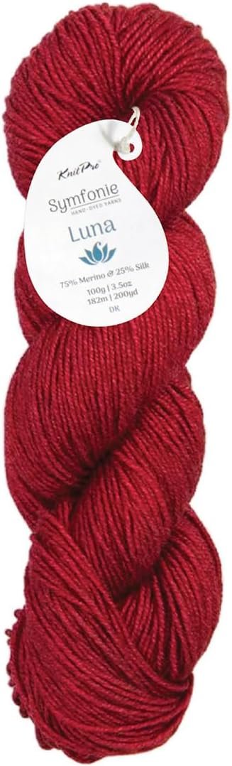 KnitPro Symfonie Hand Dyed DK Weight Yarn, Extra Fine Merino Wool & Silk Blend for Knitting & Crocheting, Oeko-TEX Certified, Fade Resistant, 182m, 100g Skein, Luna Semisolid Ruby