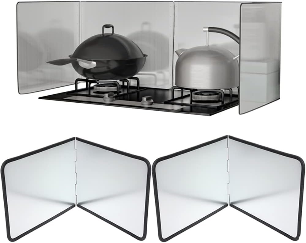 2PCS Grease Oil Splatter Guard for Stove Top 2 Sided Stainless Steel Backsplash Behind Stove Foldable Splash Shield Panel for Kitchen Wall Screen Baking Protector (12×16 inch)