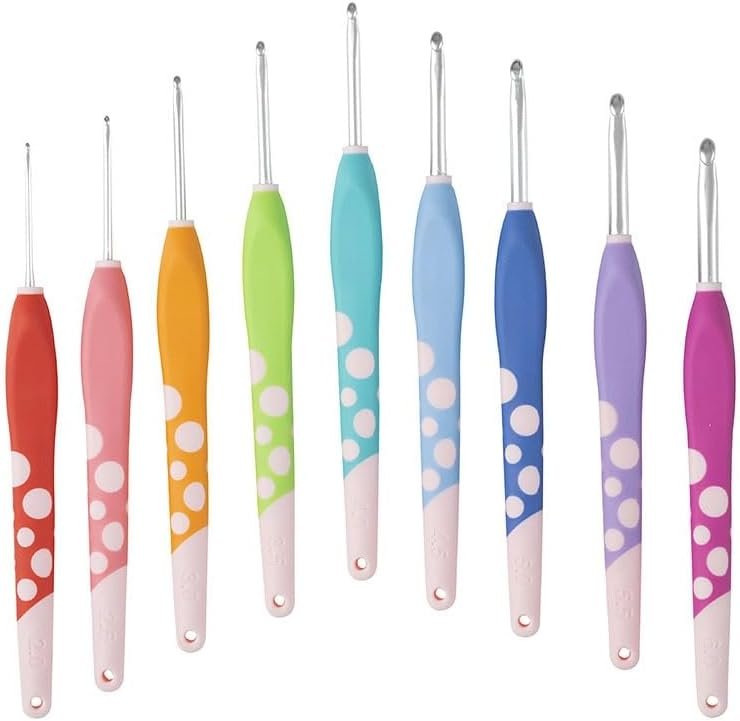 Knit Picks Dots Crochet Hook Set – Comfortable Ergonomic Handles – 9 Color Coded Sizes