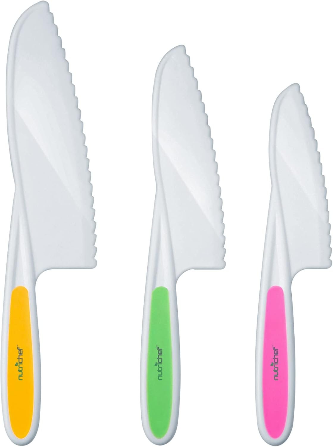 NutriChef 3-Piece Nylon Kitchen Baking Knife Set – Children’s Cooking Knives, Safe to Use, Firm Grip, Serrated Edges, Kids’ Knives, Protects Little Chef’s Fingers, Good For Cutting Food & Vegetables