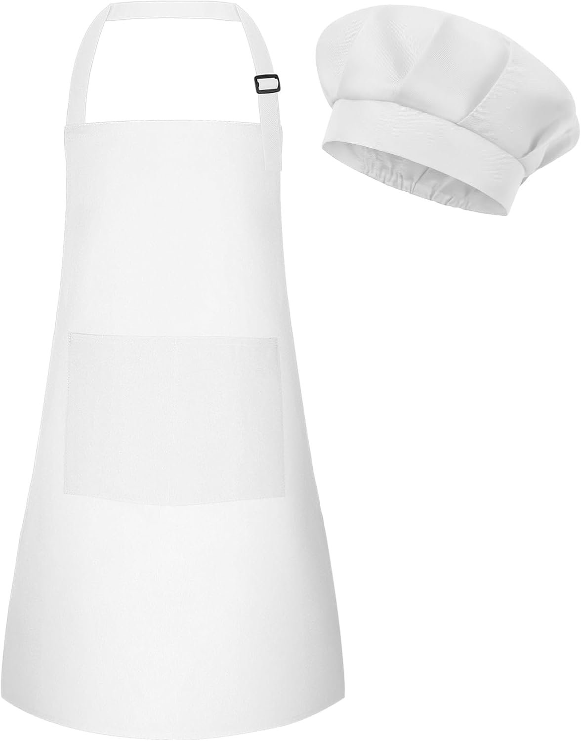 Kids Apron and Chef Hat Set Adjustable Child Art Aprons with 2 Pockets Toddler Chef Hat and Apron for Cooking Baking Painting (White)
