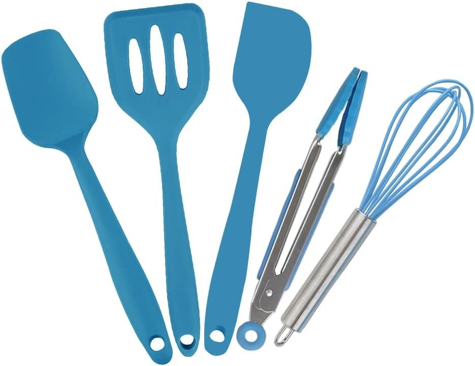 Collfa Mini Kitchen Utensil Set – Five-Piece Set, Tiny Silicone Kids Kitchen Tools – Whisk, Tongs, Spoon, Slotted Spatula – Blue