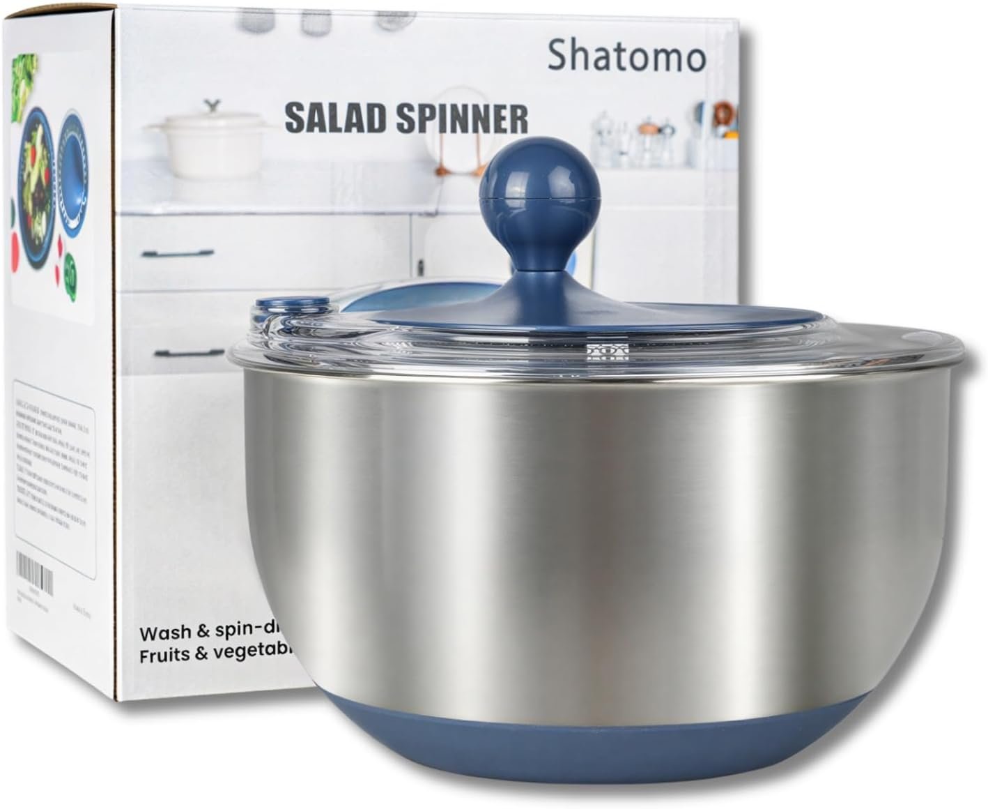 Stainless Steel Salad Spinner, 5.3 Qt Lettuce Spinner with Non-Slip Base, Drain and Stop Button, Fruit and Vegetable Washer and Dryer Spinner