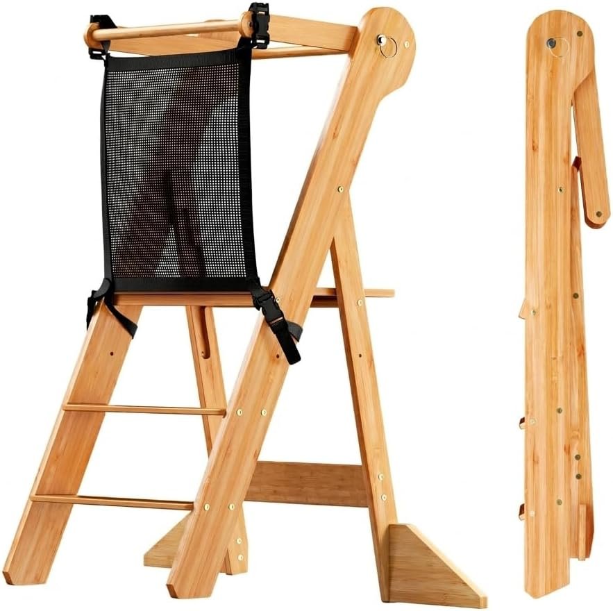 COSYLAND Foldable Toddler Standing Tower – Adjustable Height Folding Step Stool Kids Toddler Kitchen Stool for Learning and Cooking – Ages 18 Months to 6 Years with Safety Net Natural