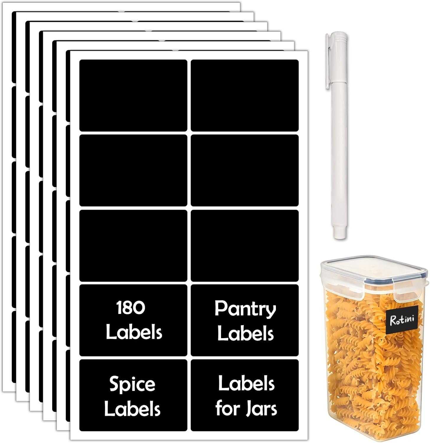 JIEHENG 180Pcs Chalkboard Labels for Jars, Waterproof Reusable Blackboard Stickers with 1 Liquid Chalk Markers, Kitchen Organization Labels Removable (Black, Rectangle)