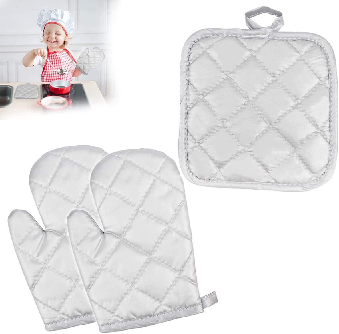 DOERDO 3 Pack Kid Oven Mitts for Children Heat Resistant Kitchen Mitts and Hot Pads, Great for Cooking Baking, Age 4-12 (7″x4.7″, Silver)
