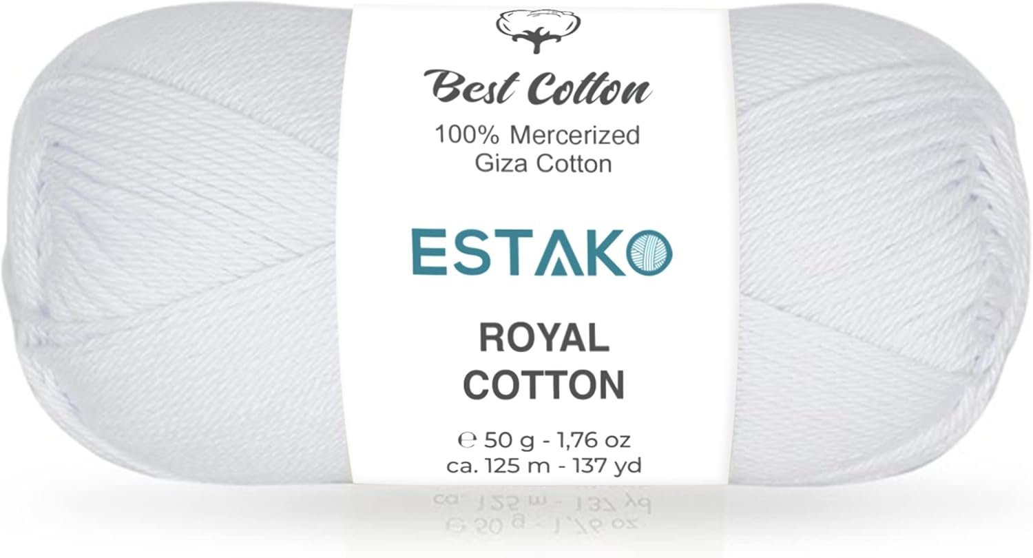 Estako Royal Cotton, 100% Mercerized Giza Cotton Yarn, Soft, Super Fino 1 for Crochet and Knitting 1.76 Oz (50g) / 137 Yrds (125m) (5050 – White)