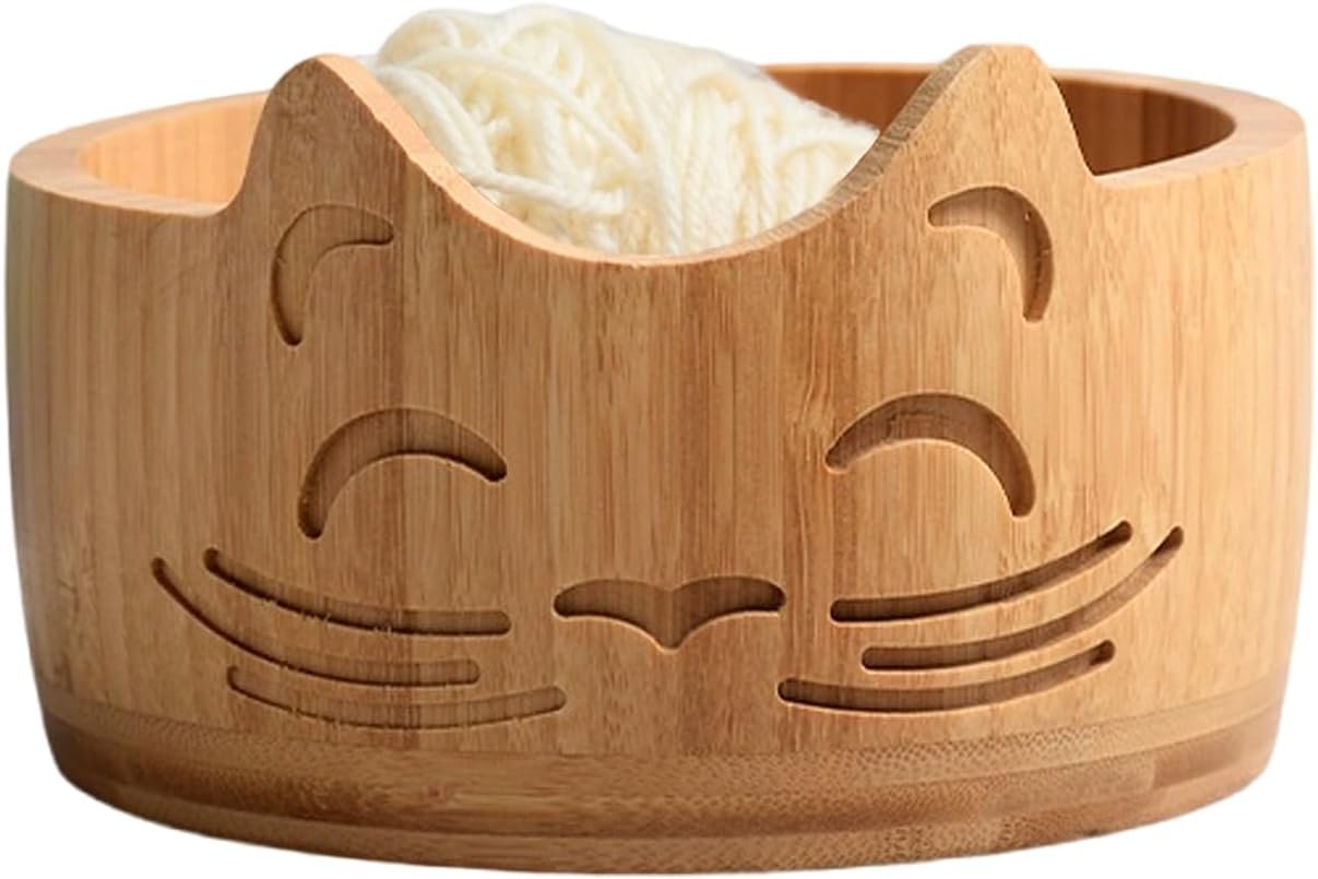 Wooden Yarn Bowl for Crocheting, Knitting Bowl Yarn Holder Bowl with Holes, Yarn Storage Bowls for DIY Knitting and Crochet, 6.7″ x 3.9″