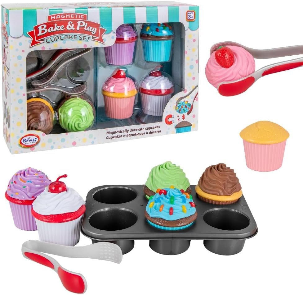 Popular Playthings Magnetic Bake & Play Cupcakes Toy Set, Pretend Cupcake Kitchen Kit for Kids, Gifts for Toddler Girls – 20 Pieces