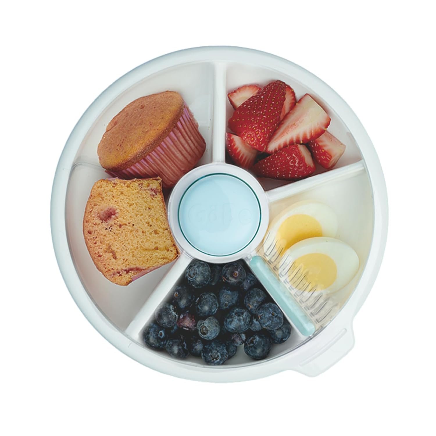 GoBe Kids Large Snack Spinner Slide Bundle with Hand Strap and Sticker Sheet – Reusable Snack Container with 4 Compartment Dispenser and Lid | BPA/PVC Free | Dishwasher Safe | No Spill – Macaron Blue