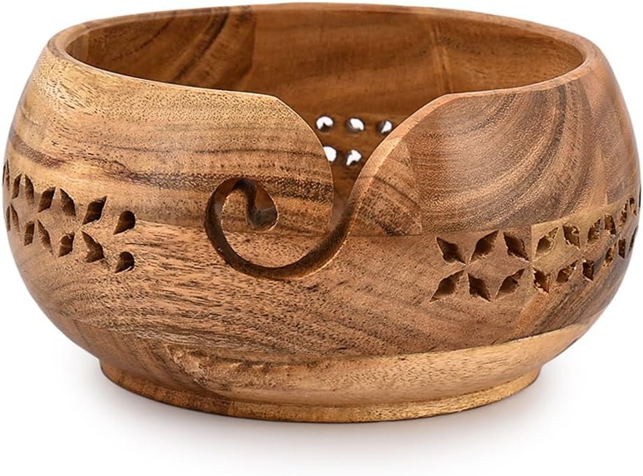 SAMHITA Acacia Wood Yarn Bowl Holder |Hand Carved Yarn Bowls for DIY Knitting Crocheting Accessories (7″ x 7″ x 4″)