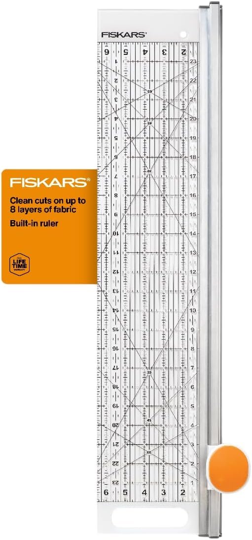 Fiskars Rotary Cutter and Ruler, Quilting Ruler, Rotary Cutter for Fabric, Built-In Measuring Grid & Spring-Action Blade, 24” x 6”, Gray/Clear