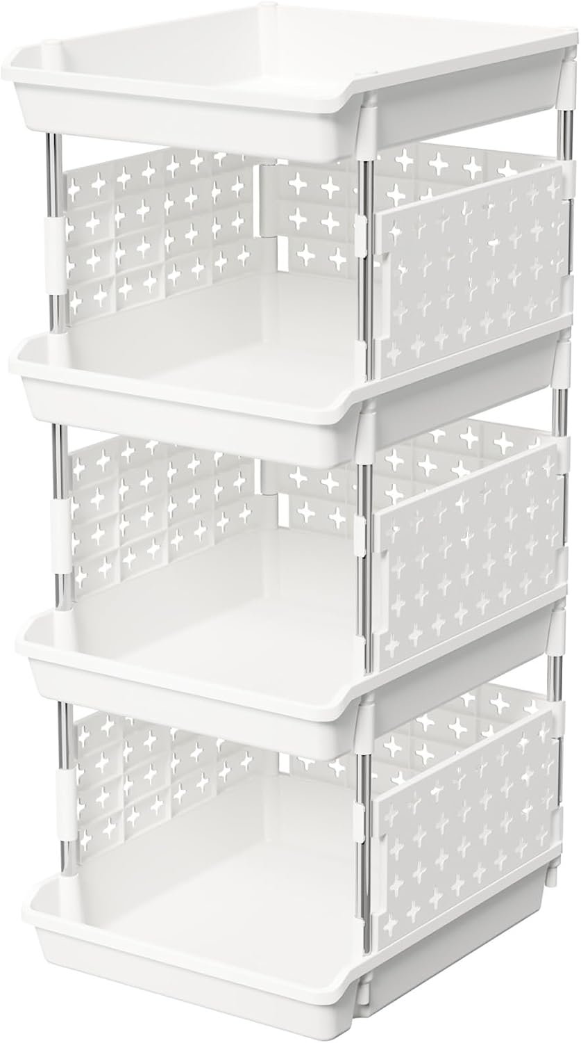 Lifewit Plastic Stackable Storage Baskets, 4 Tier Stacking Bins for Food and Clothes, Multifunctional Organizer for RV, Kitchen, Playroom, Pantry and Bathroom, 13.8″D x 11.8″W x 28.3″H, 1 Pack, White
