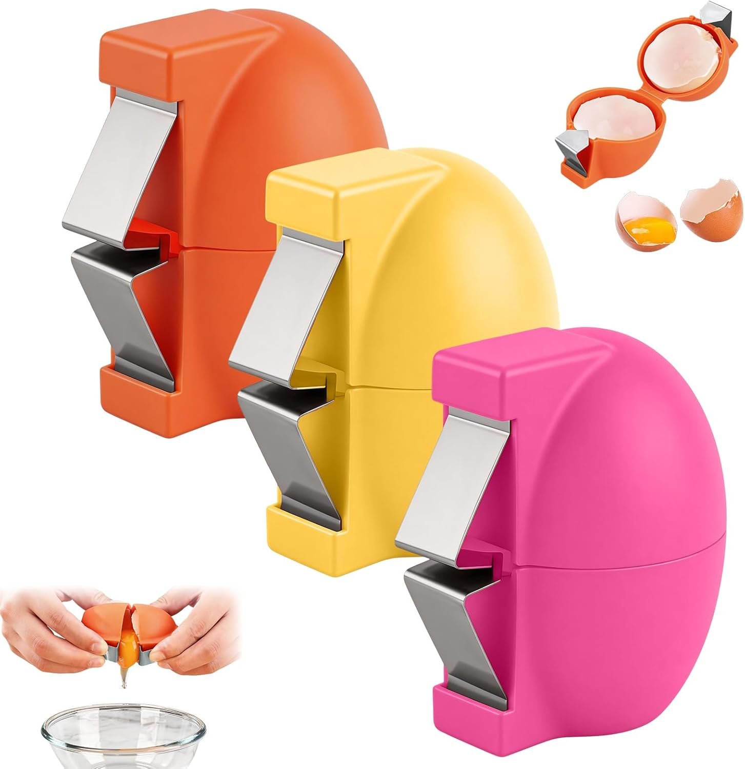 Egg Opener, 3-Pack Stainless Steel Egg Cracker Tool for Hard Boiled & Raw Eggs, Easy Cracking & Peeling Kitchen Gadget (Pink, Yellow, Orange, 2.8 x 2.1 Inches)