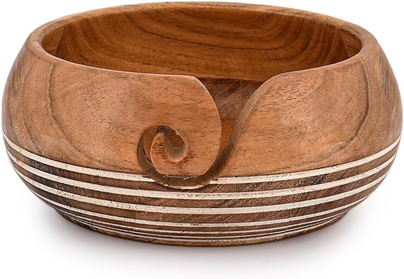 EDHAS Yarn Storage Acacia Wood Hand Made by Indian Artisans Yarn Bowl for Crocheting & Knitting (6″ x 6″ x 3”)