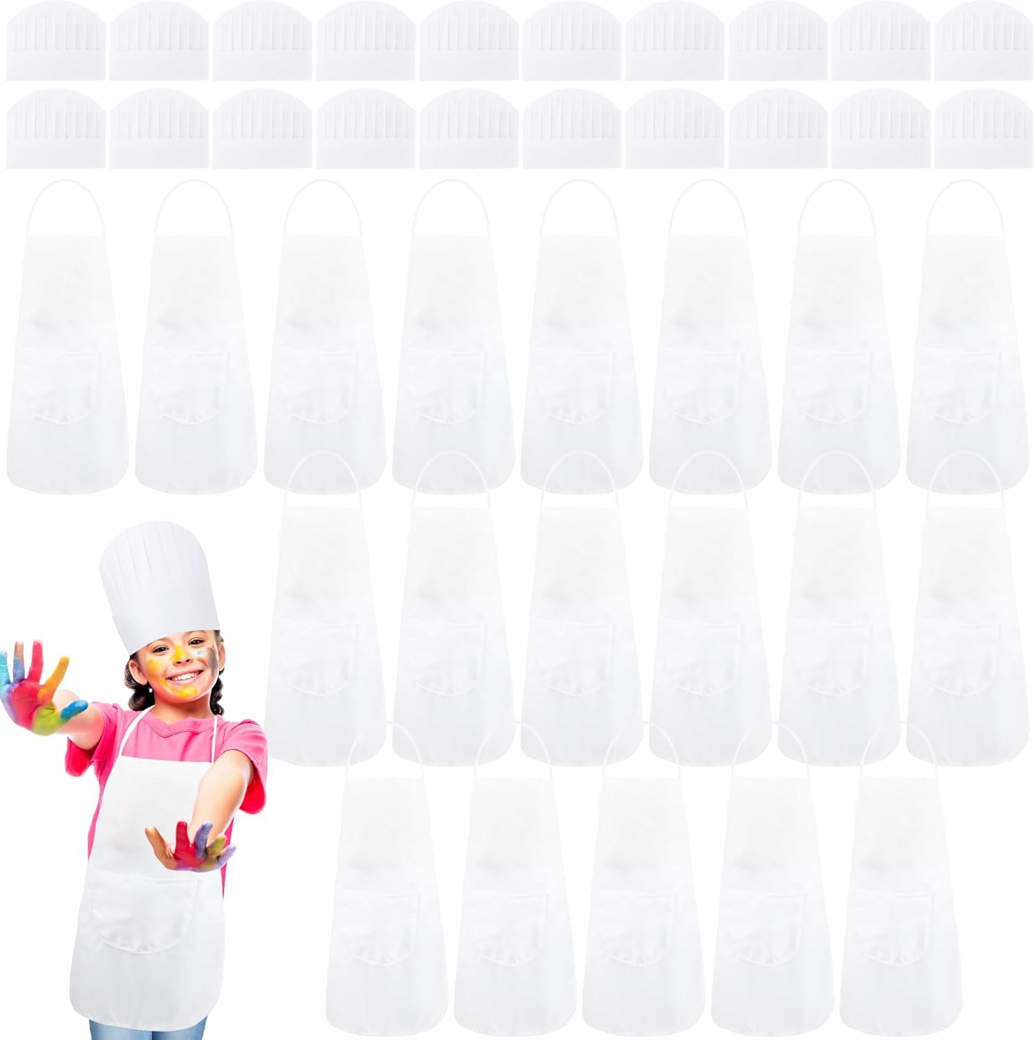 40 Pcs DIY Kids Apron and Chef Hat Set Including 20 Pcs Children White Apron 20 Pcs Adjustable Chef Hat Child White Aprons with Pocket for Boys Girls Cooking Baking Painting Wear