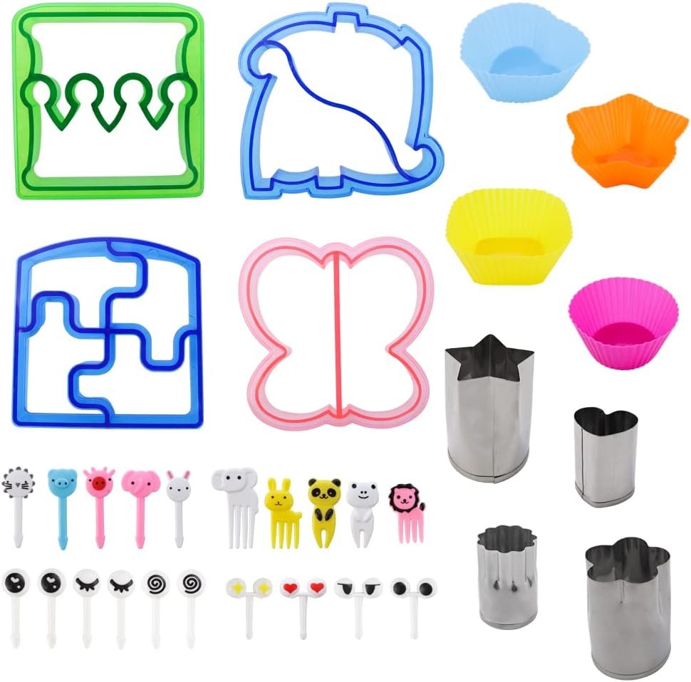JOGILBOY 32 Pcs DIY Food Set Sandwich Cutters and Sealer Sandwiches Maker Fun Crust Shapes Fruit Vegetable Picks Bento Lunch Box Accessories